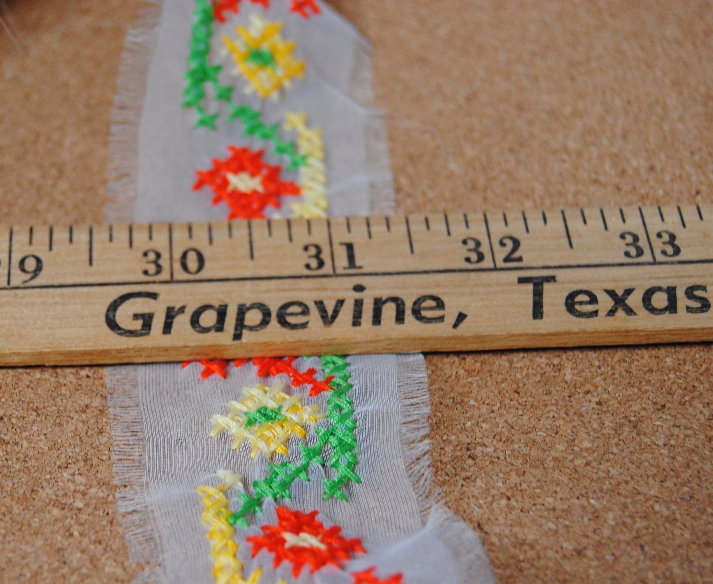 Vintage embroidered gauze trim with geometric pattern in orange, yellow and green - 2 inch wide trim or embellishment - New old stock - image 4