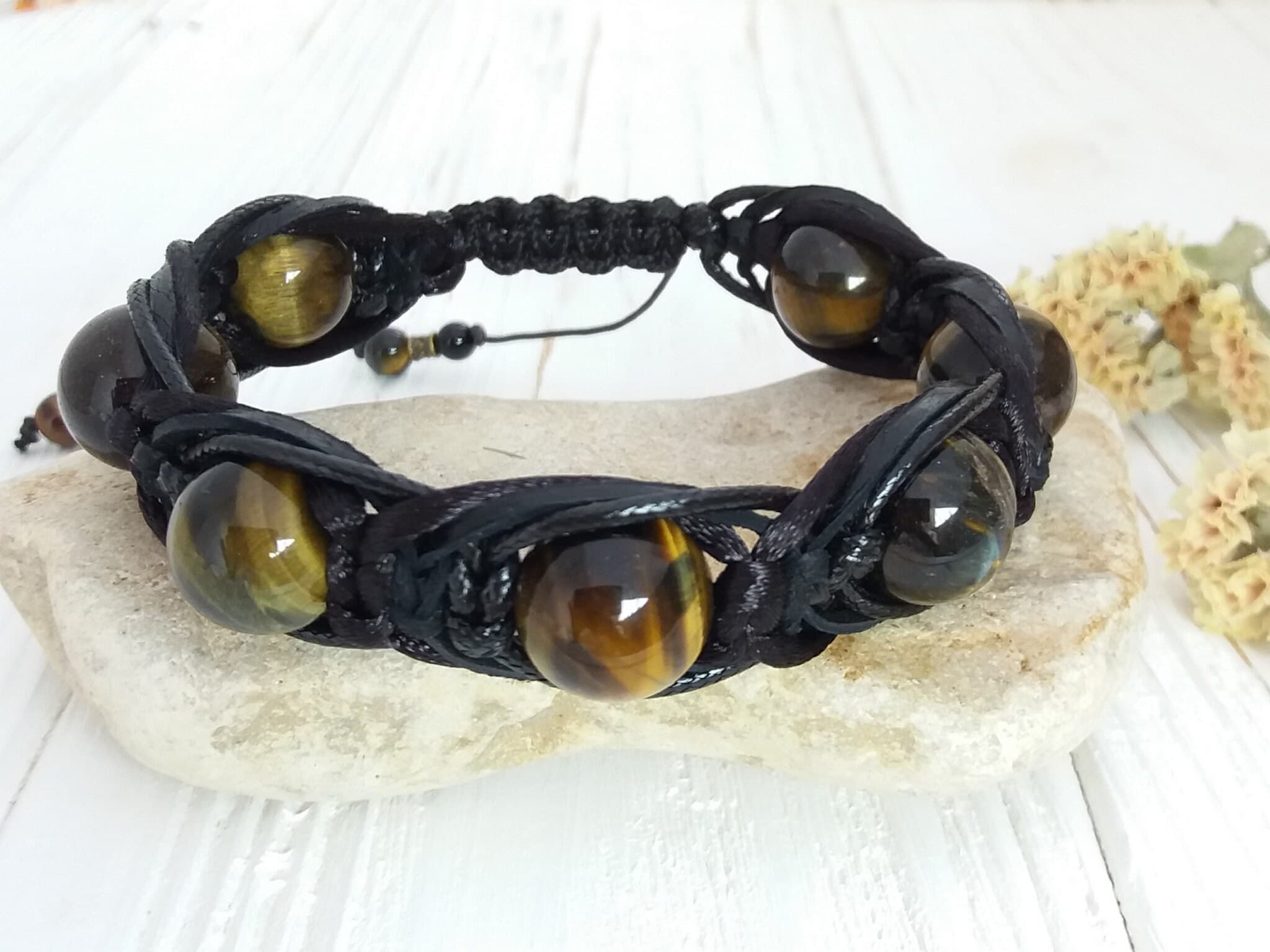 Tigers eye bracelet adjustable Leather bracelet with beads Braided bracelet with stone - image 5