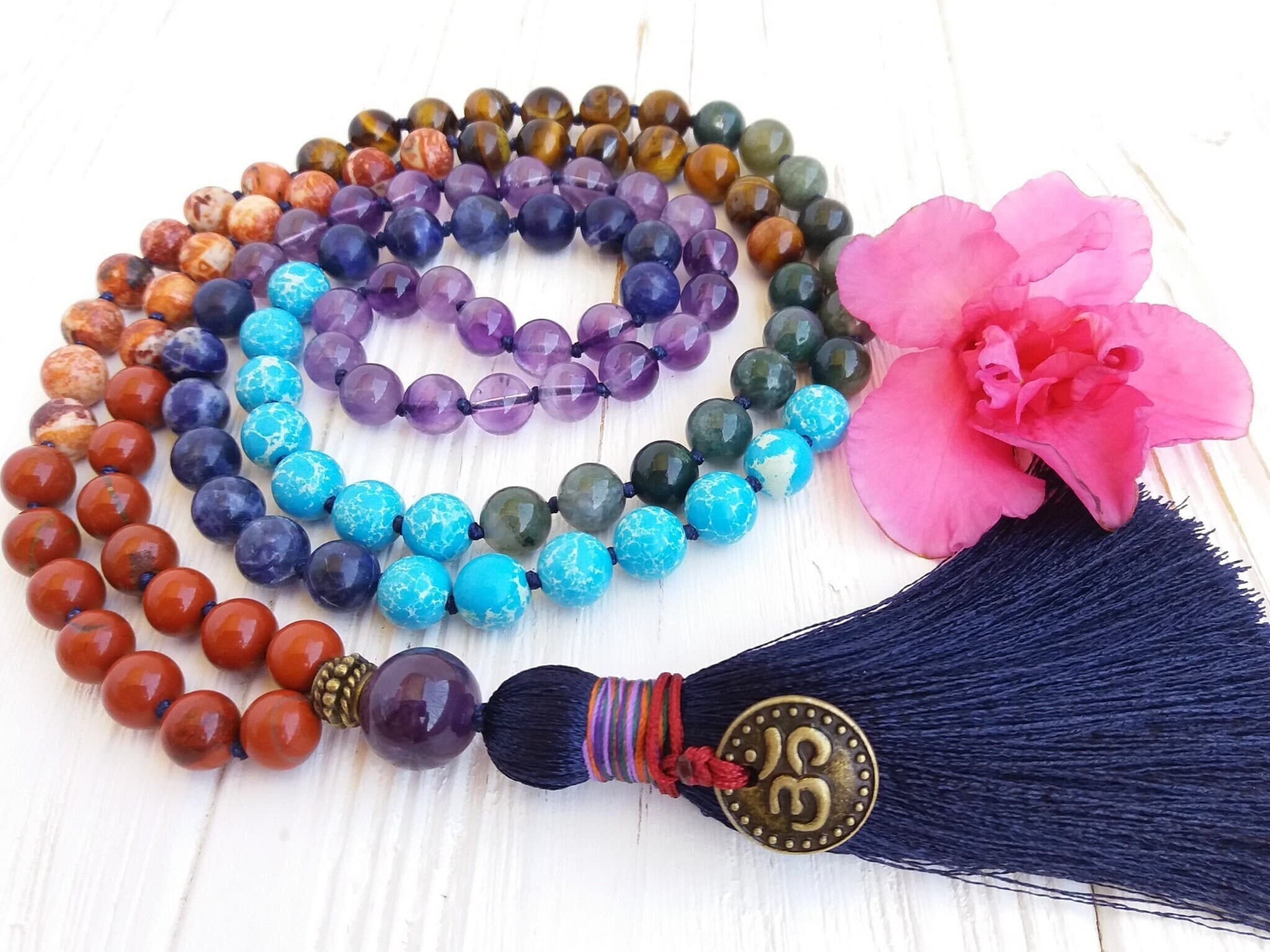 7 chakra mala necklace Prayer beads buddhist Mala beads knotted Japa mala - image 5
