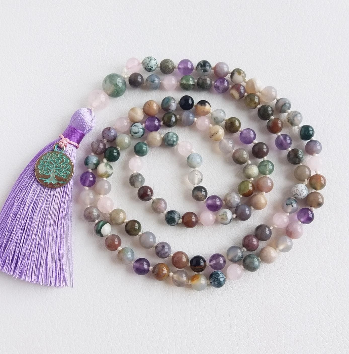 Amethyst mala 108 knotted Rose quartz mala 6mm beads Moss agate mala Buddhist prayer beads - image 3