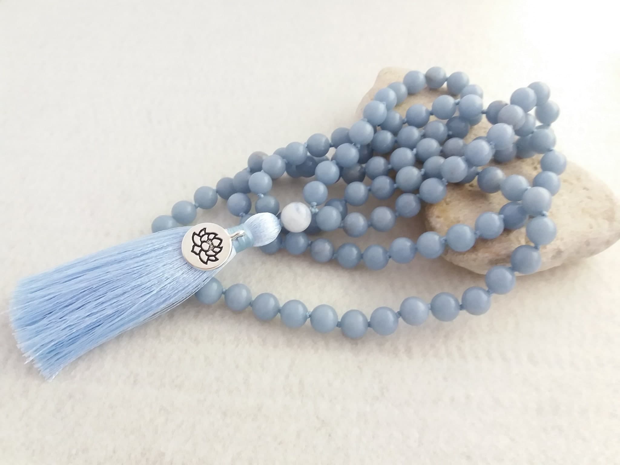 Angelite mala 108 beads Hand knotted mala prayer beads buddhist Blue mala tassel necklace - image 3