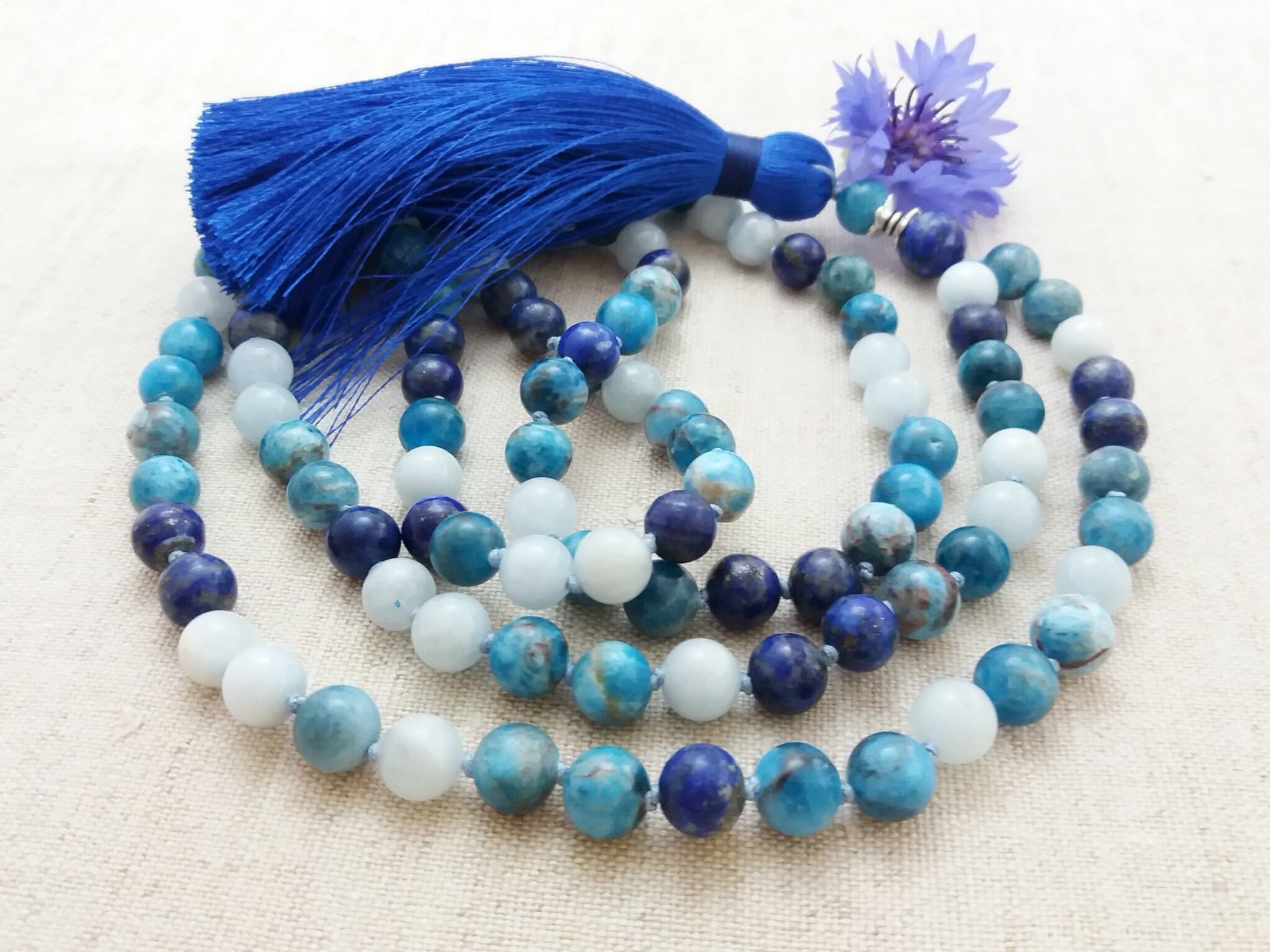 Aquamarine mala Lapis lazuli mala Apatite mala Throat chakra mala