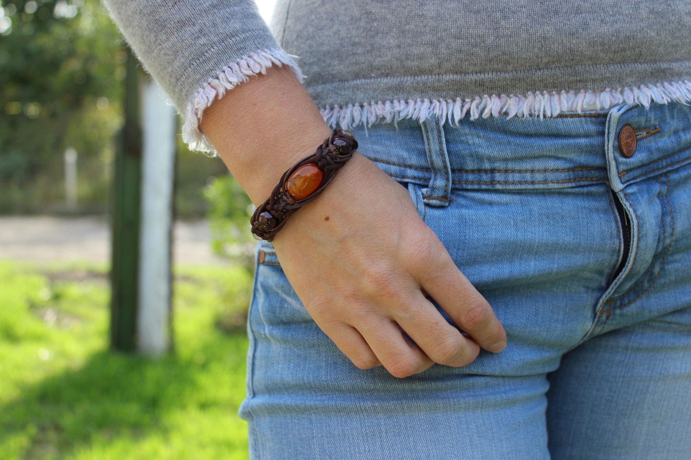 Mens Carnelian bracelet Braid leather bracelet Garnet Quartz Tigers Eye 10mm Protection stone bracelet - image 3