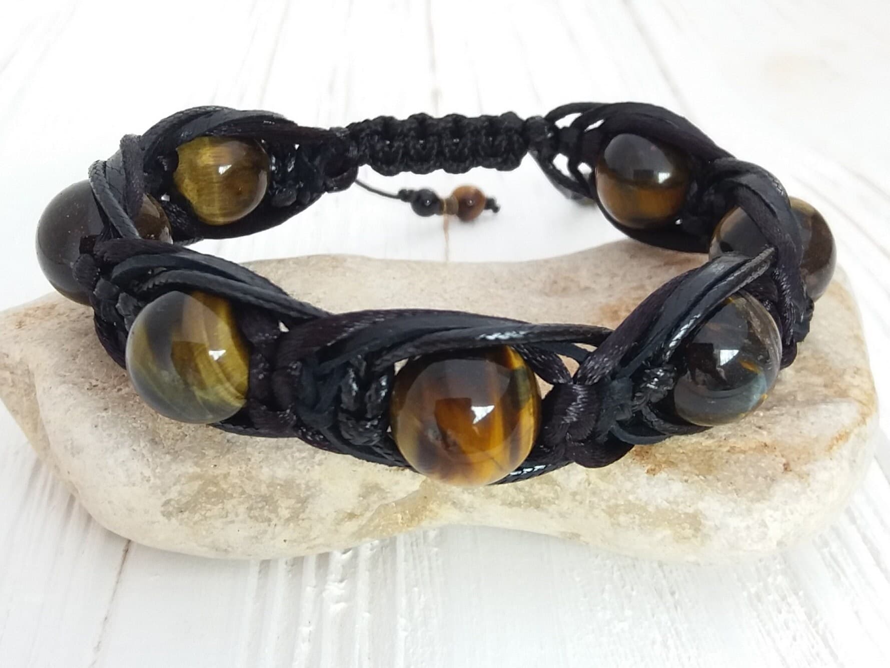 Tigers eye bracelet adjustable Leather bracelet with beads Braided bracelet with stone - image 3