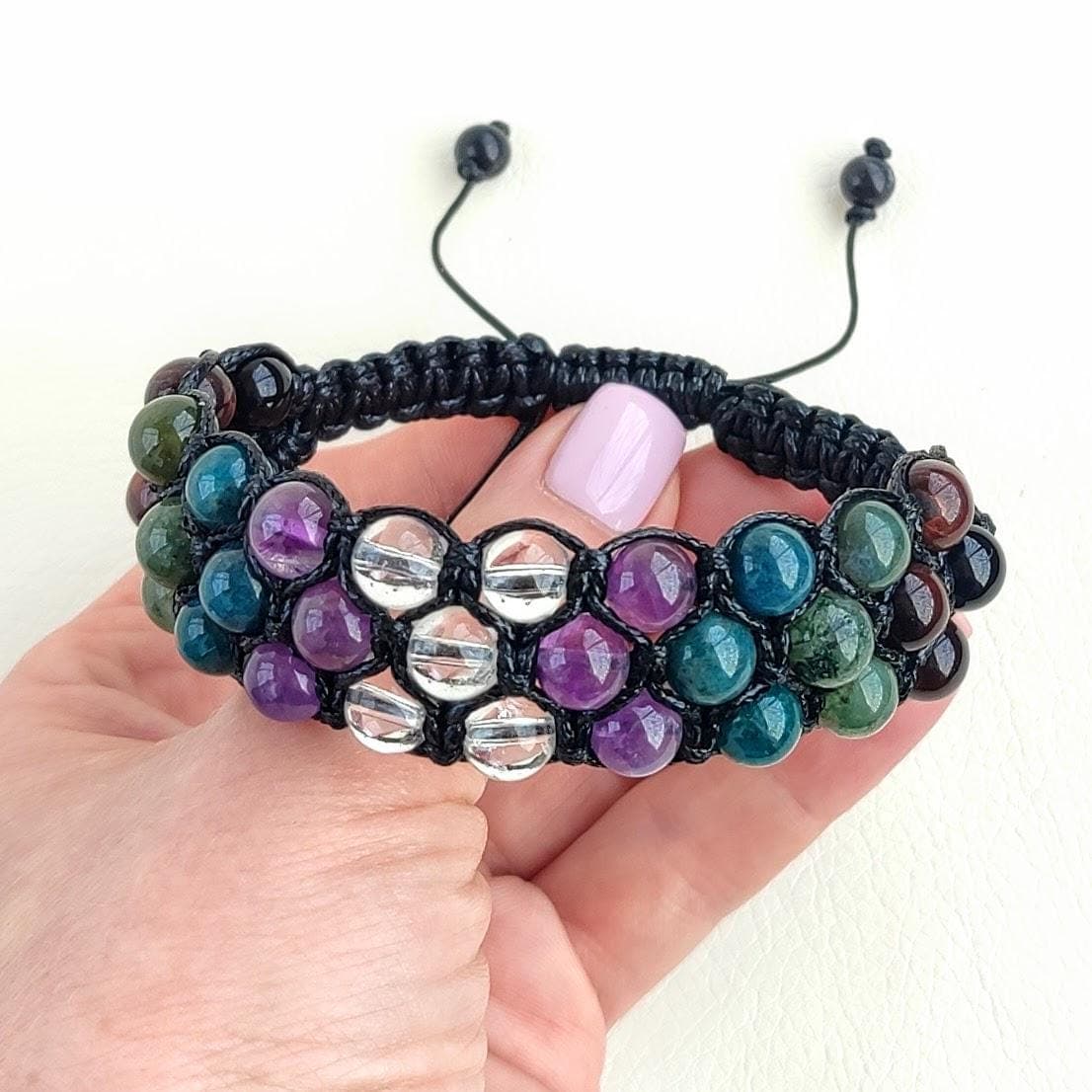Three row bracelet beaded men Triple bracelet braided stones Clear quartz bracelet Moss agate braided bracelet Red tiger eye bracelet - image 3