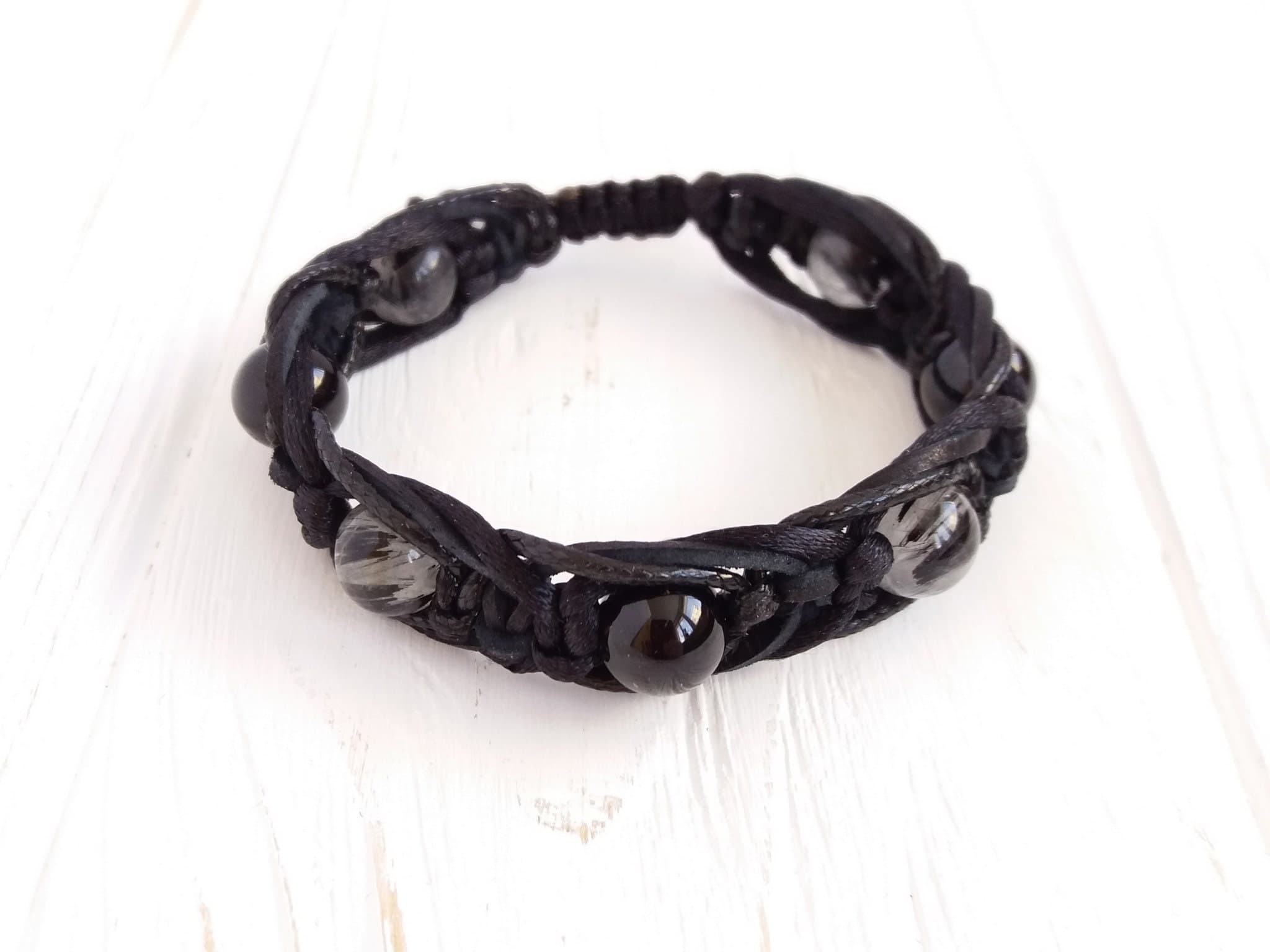 Black Tourmaline bracelet for protection Tourmaline quartz bracelet Leather bracelet with beads Braided bracelet men - image 3