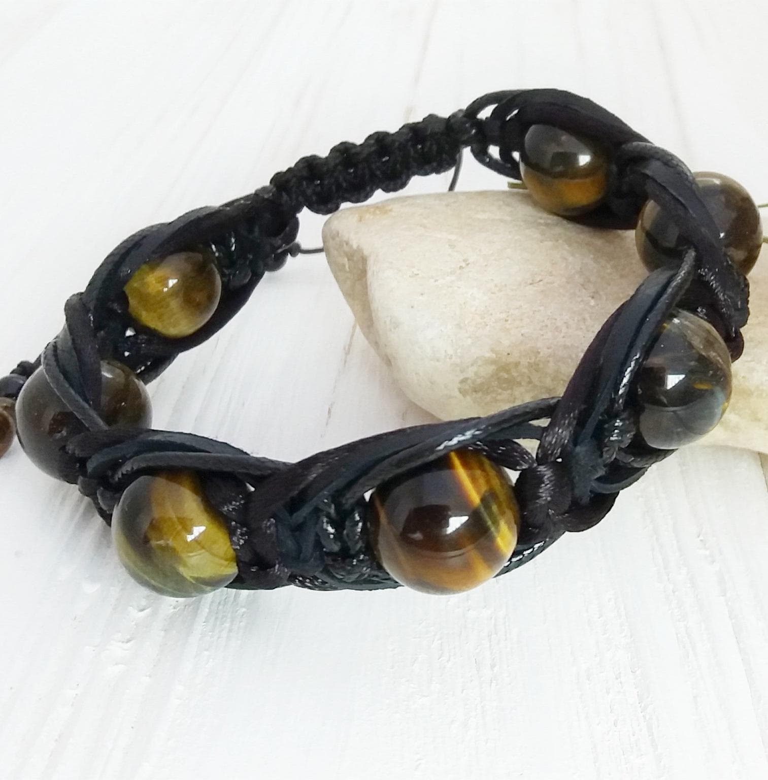 Tigers eye bracelet adjustable Leather bracelet with beads Braided bracelet with stone