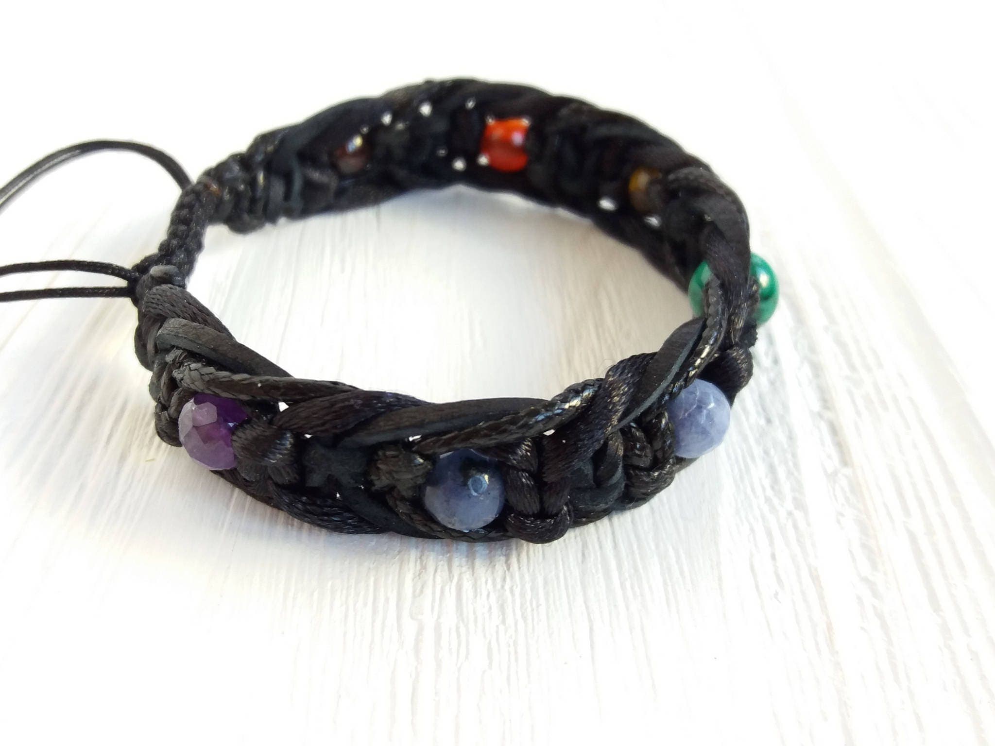 7 chakra bracelet men Black leather cord Buddhist jewelry Yoga gift Healing bracelet 8mm beads - image 5