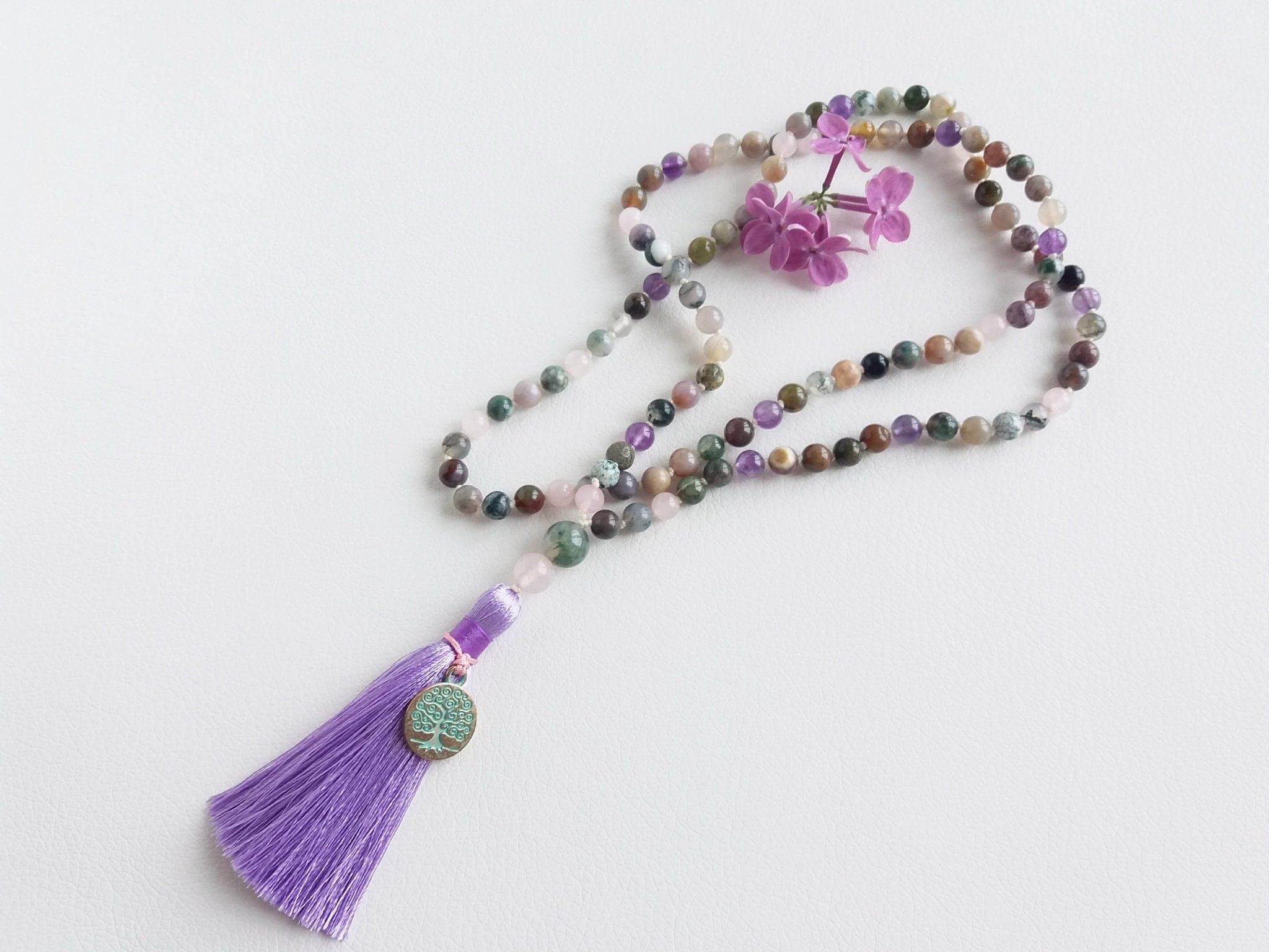Amethyst mala 108 knotted Rose quartz mala 6mm beads Moss agate mala Buddhist prayer beads - image 4