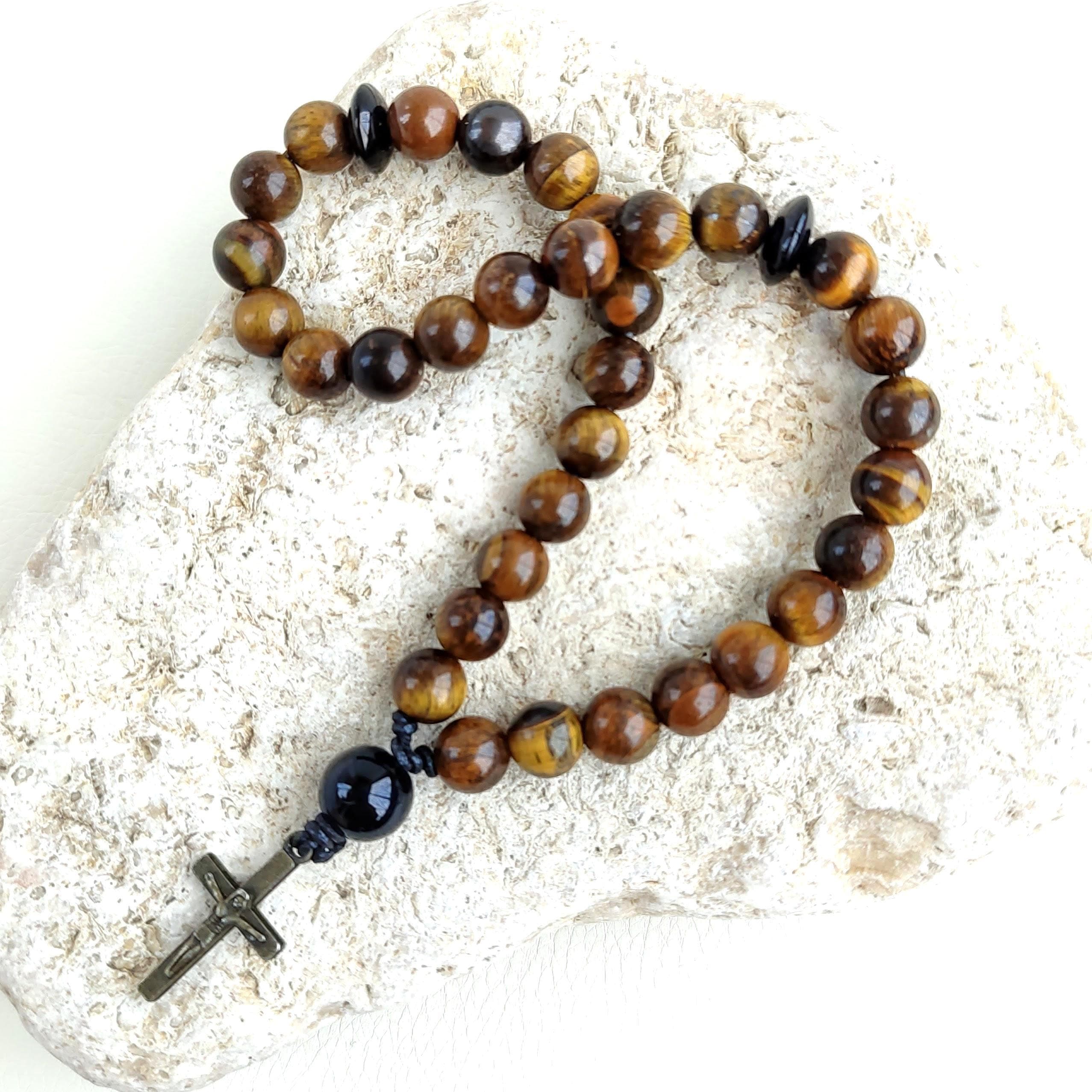 33 beads rosary Christian prayer beads Tiger eye rosary beads cross only Pocket prayer beads stone