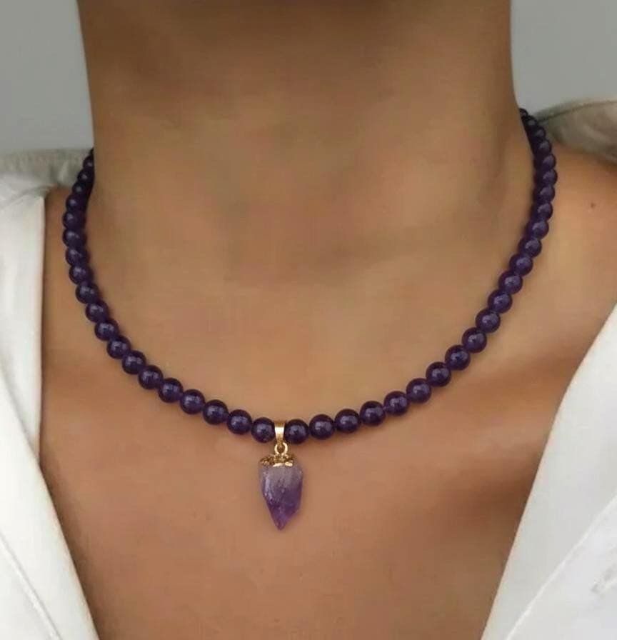 Amethyst choker necklace Raw amethyst crystal necklace Beaded necklace purple Amethyst point necklace - image 3