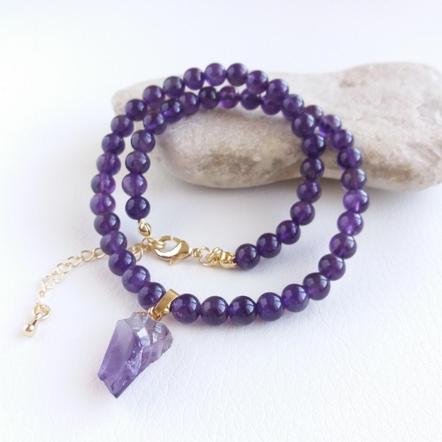Amethyst choker necklace Raw amethyst crystal necklace Beaded necklace purple Amethyst point necklace