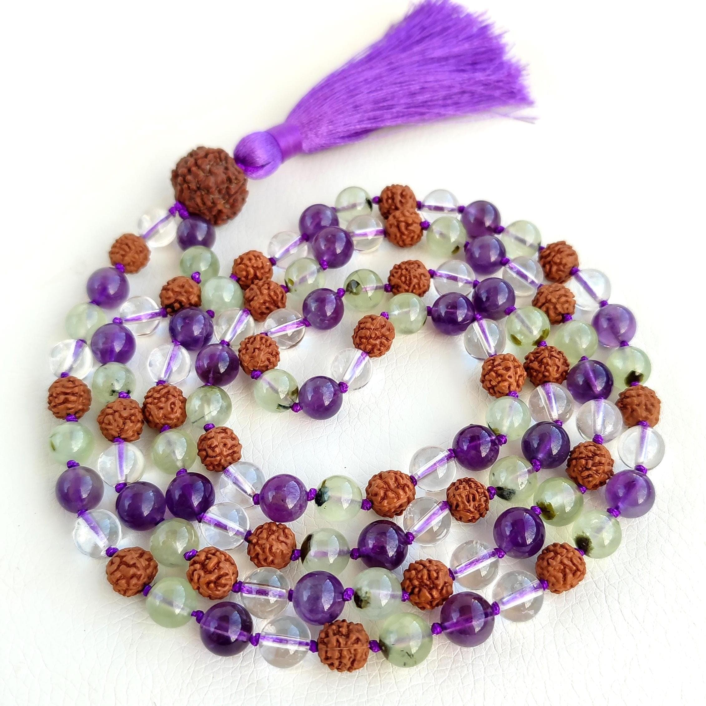 Prehnite mala beads Amethyst mala necklace Clear quartz mala Rudraksha mala Prayer beads buddhist Mala beads 108 knot