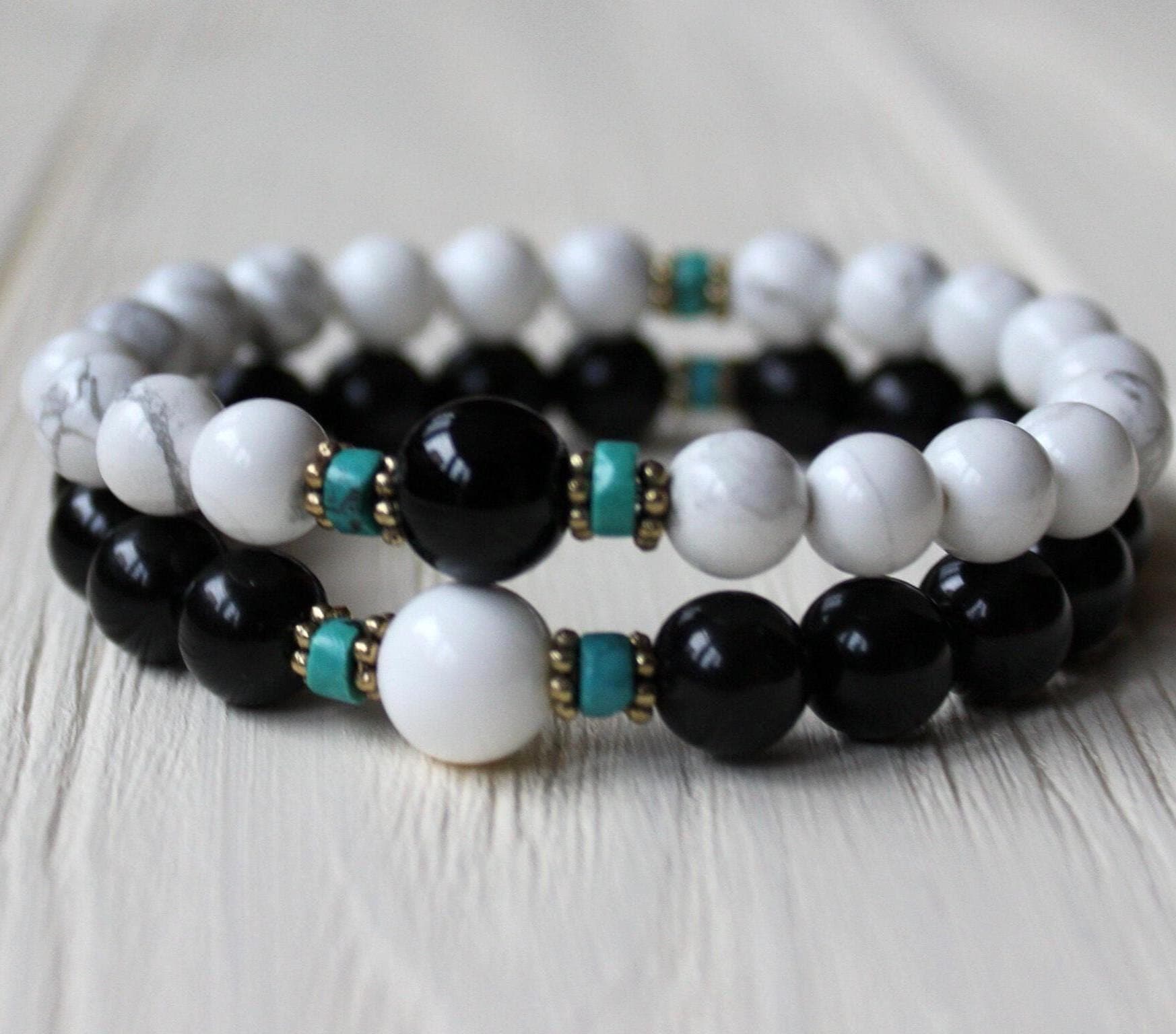 Black and white beads bracelet Couples bracelet set Long distance bracelet Best friend bracelet for 2
