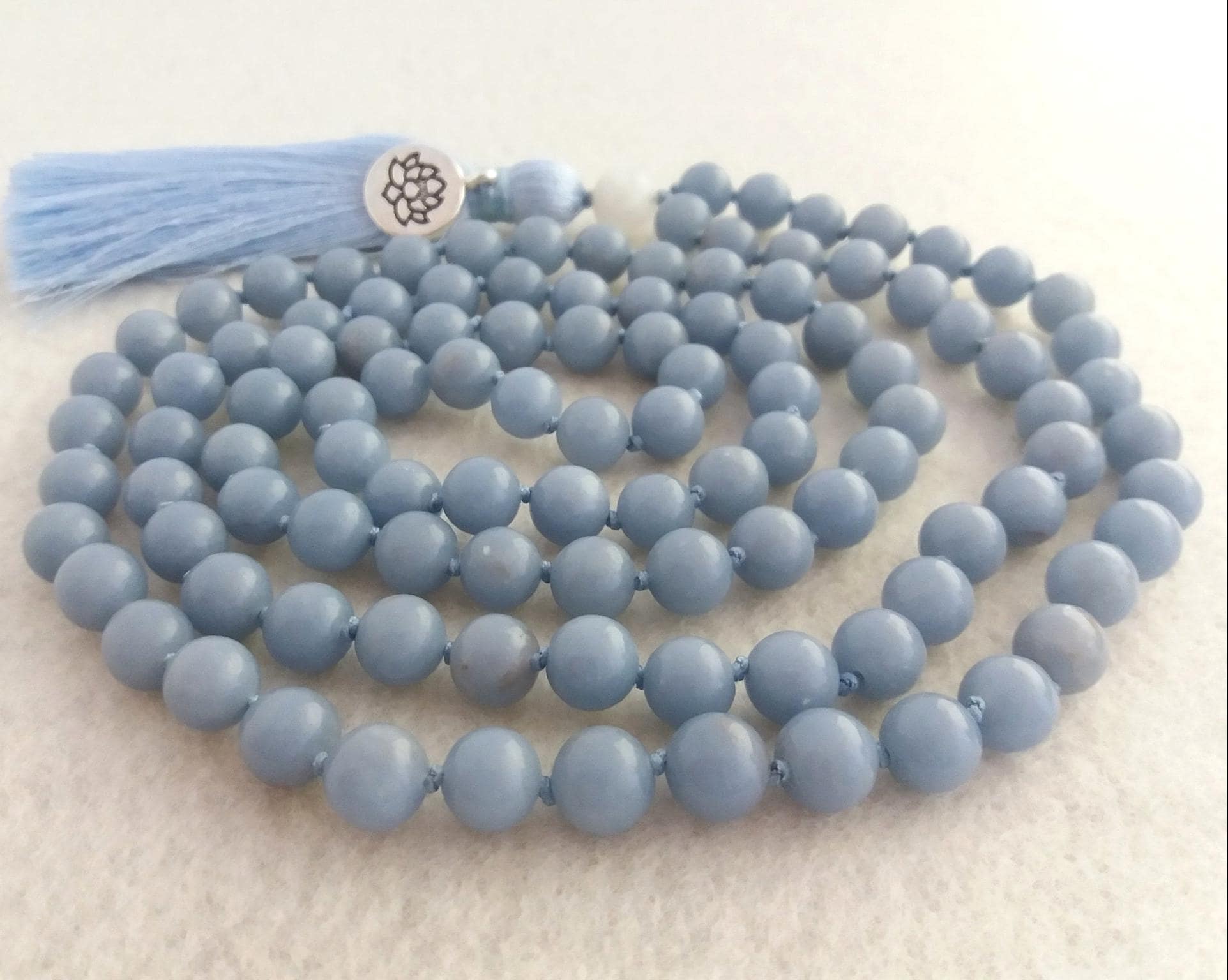 Angelite mala 108 beads Hand knotted mala prayer beads buddhist Blue mala tassel necklace - image 5