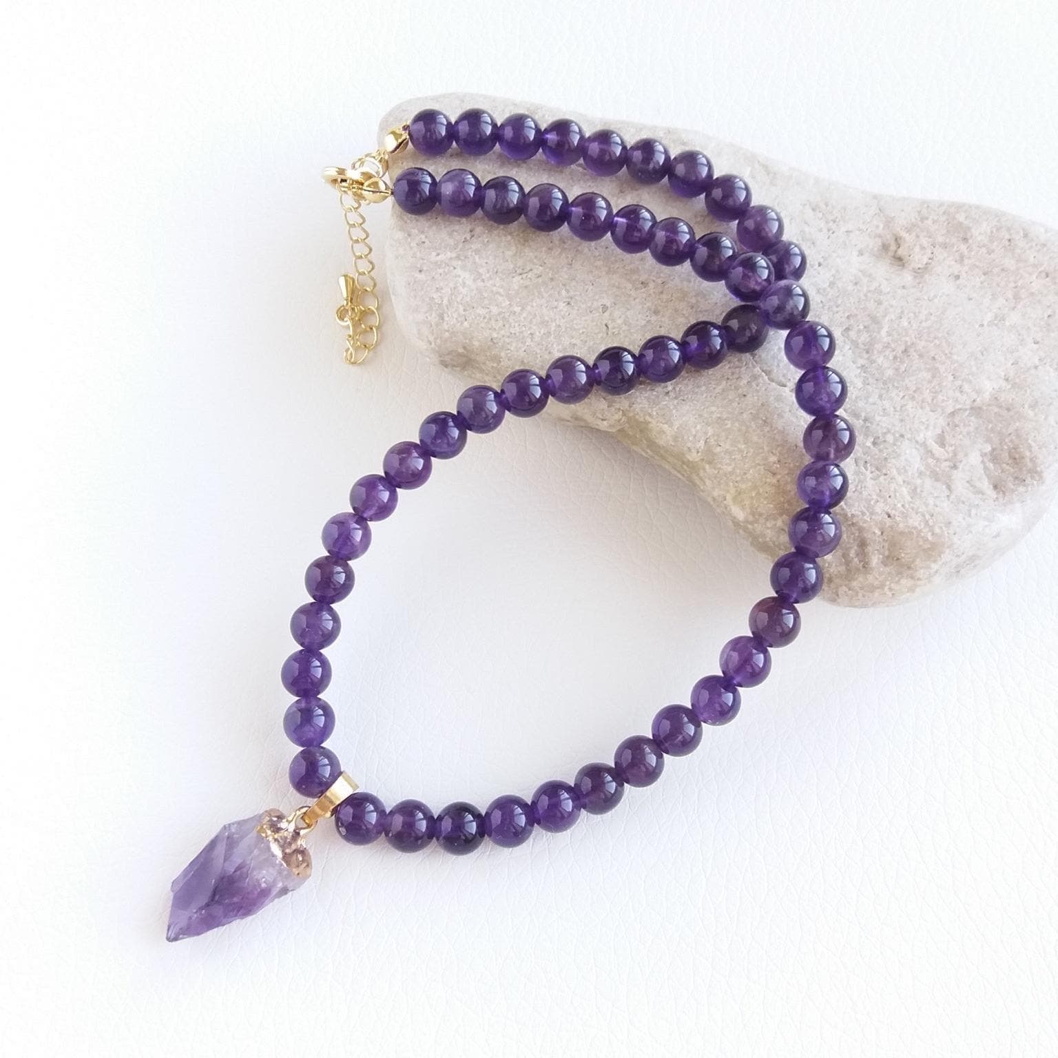 Amethyst choker necklace Raw amethyst crystal necklace Beaded necklace purple Amethyst point necklace - image 4