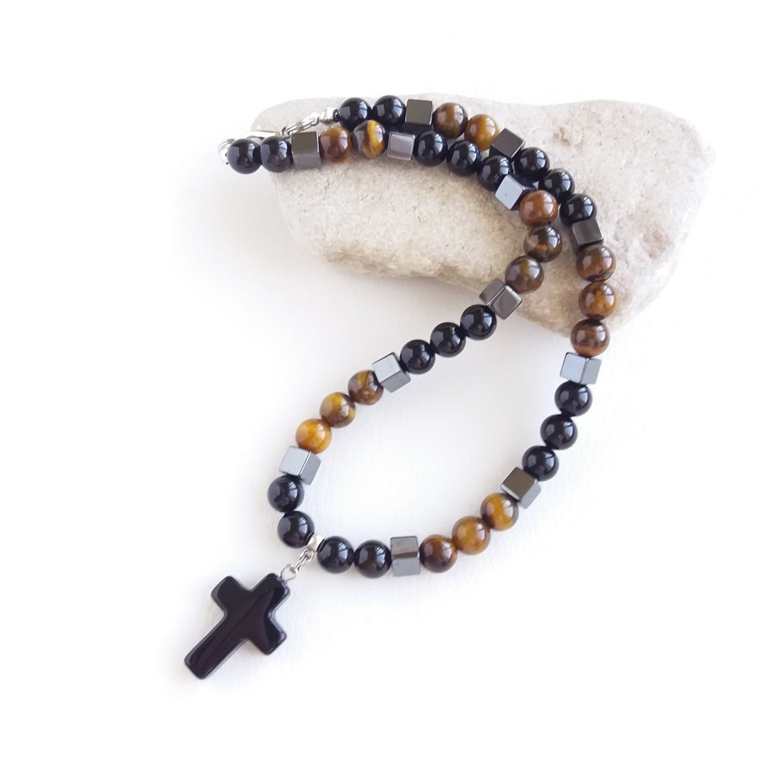 Tiger eye necklace men Black onyx necklace pendant Cross choker necklace Hematite necklace for women Cube bead necklace - image 4