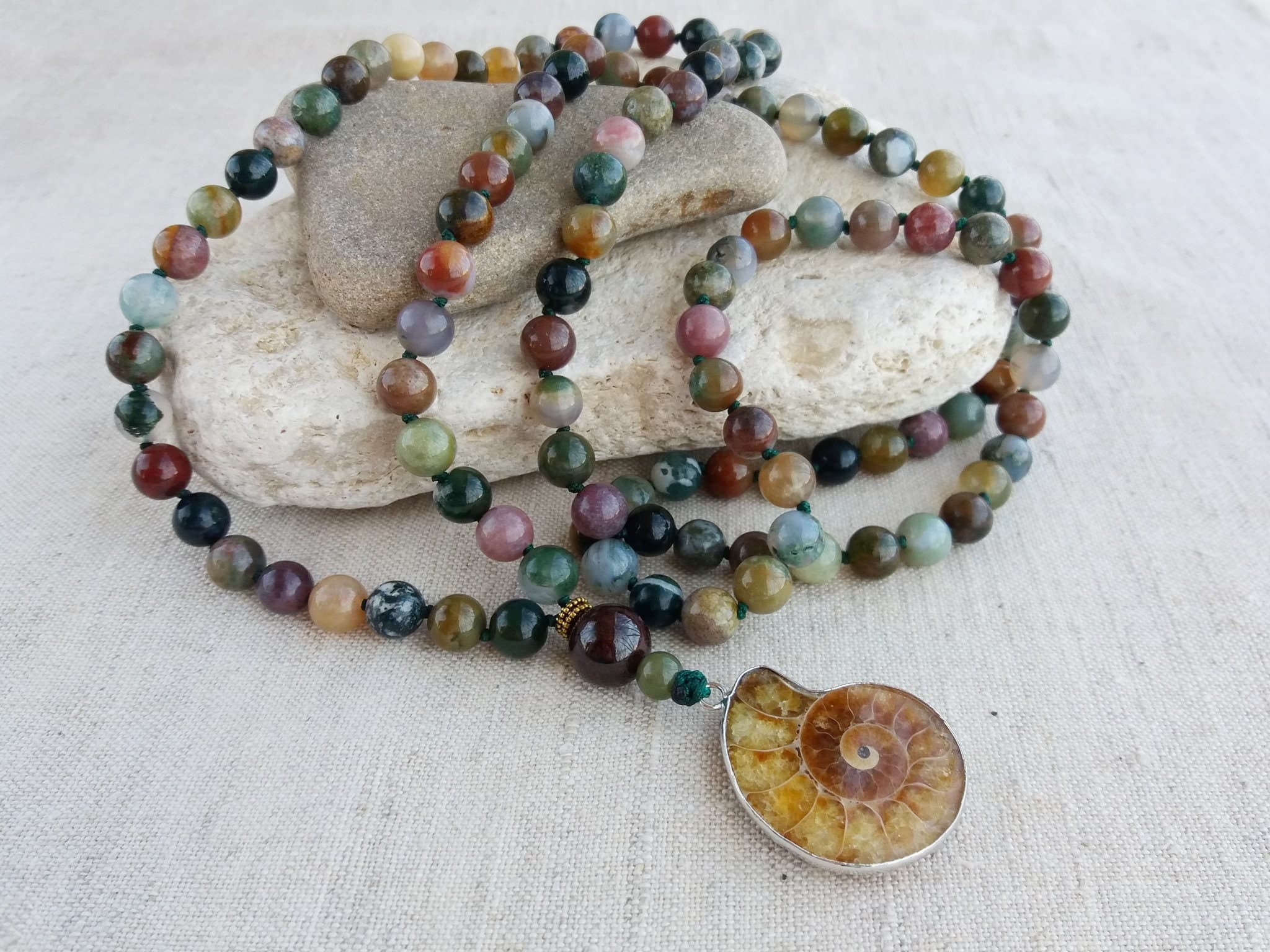 Moss Agate mala Hand knotted mala bead Mala with pendant Ammonite necklace - image 3