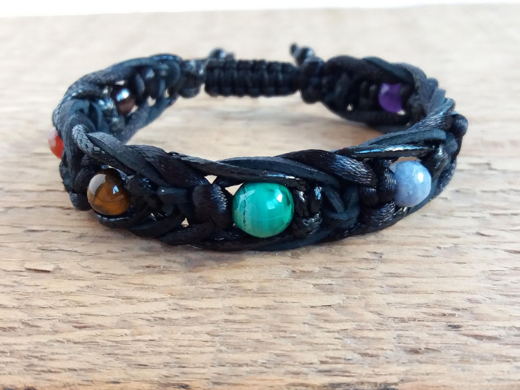 7 chakra bracelet men Black leather cord Buddhist jewelry Yoga gift Healing bracelet 8mm beads - image 3