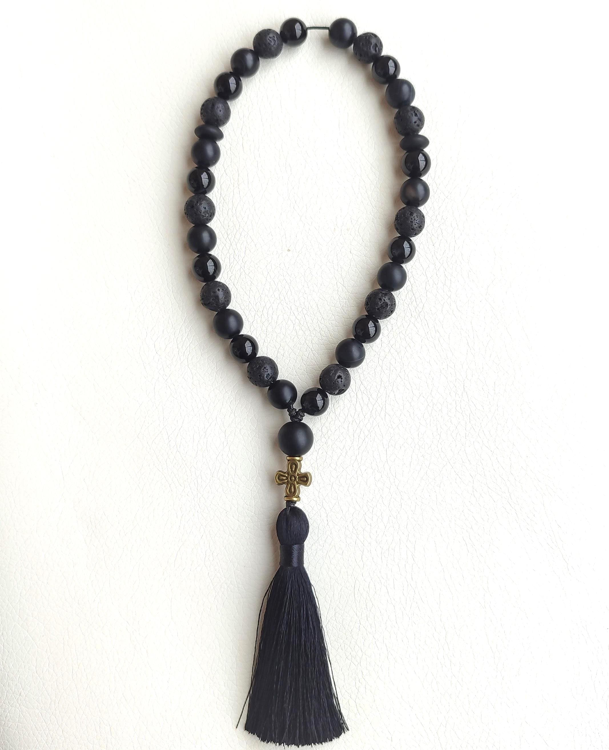 Black rosary 30 beads Christian prayer beads stone Orthodox chotki Rosary with cross - image 4