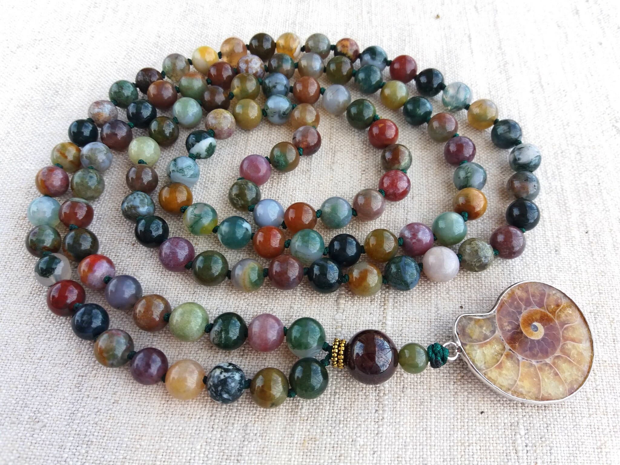 Moss Agate mala Hand knotted mala bead Mala with pendant Ammonite necklace - image 4
