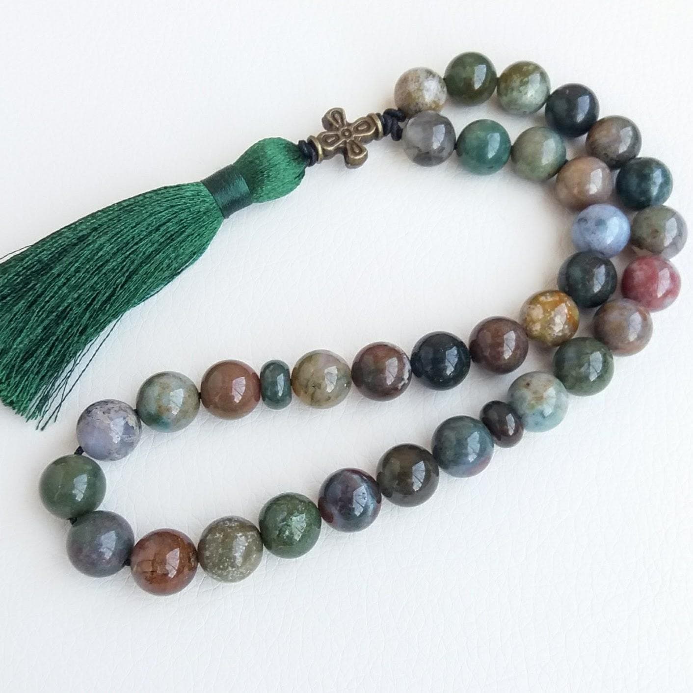 Chotki 33 orthodox Christian prayer beads Rosary with cross Moss agate rosary
