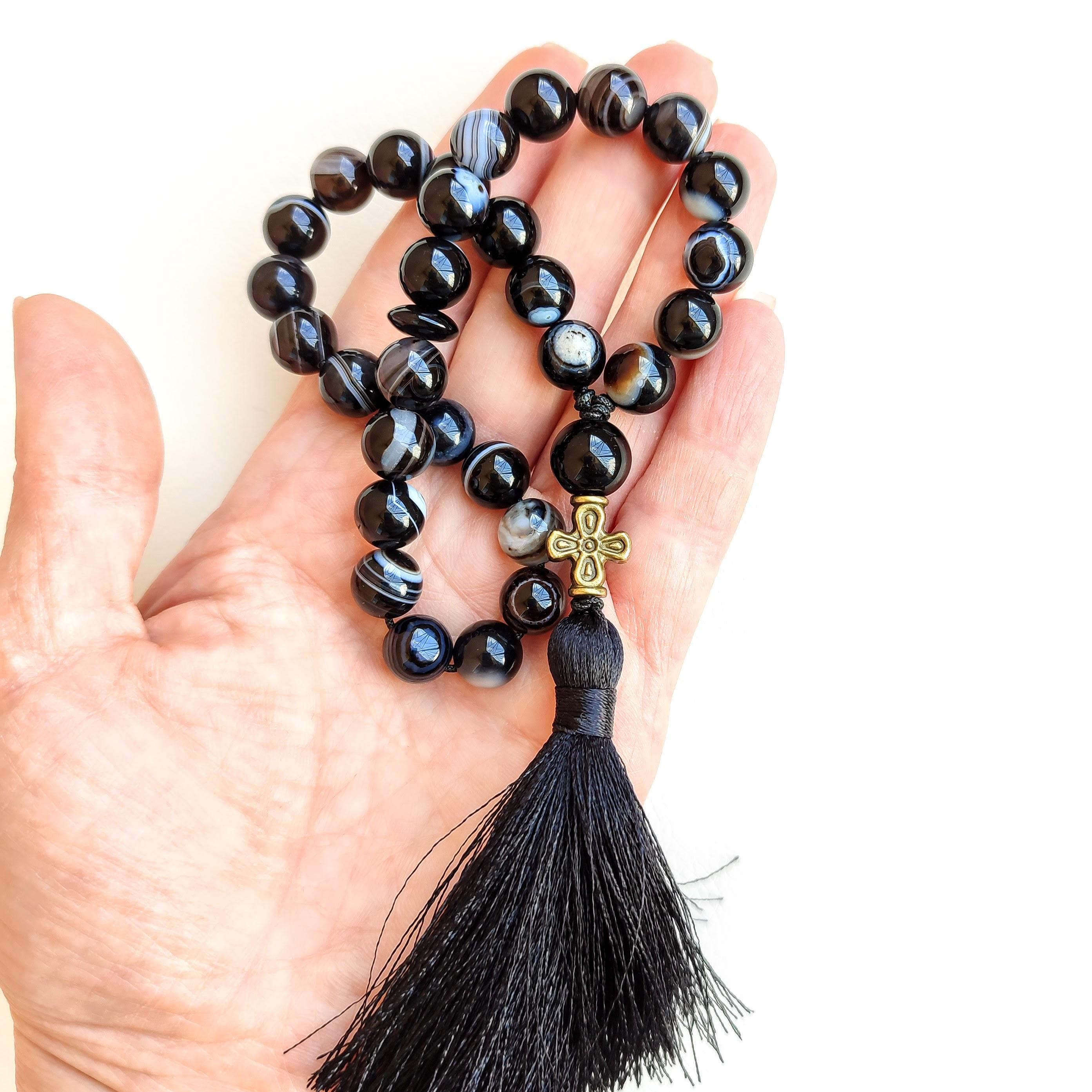 Orthodox rosary beads Christian rosary with cross 30 bead prayer Black agate prayer beads - image 4