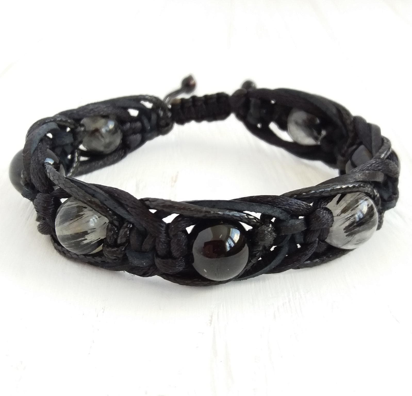 Black Tourmaline bracelet for protection Tourmaline quartz bracelet Leather bracelet with beads Braided bracelet men