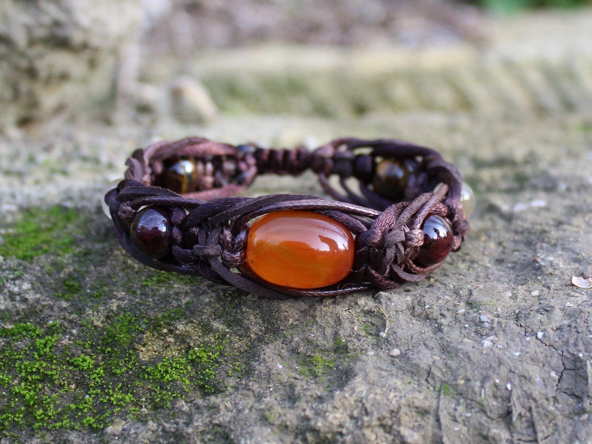 Mens Carnelian bracelet Braid leather bracelet Garnet Quartz Tigers Eye 10mm Protection stone bracelet - image 4