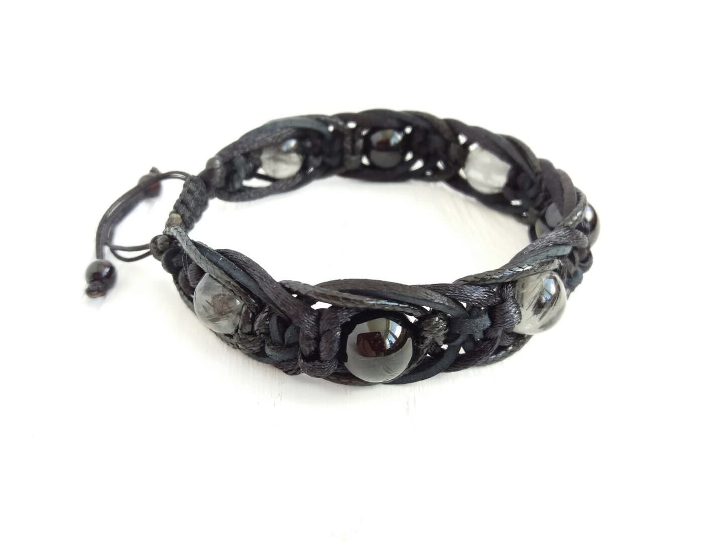 Black Tourmaline bracelet for protection Tourmaline quartz bracelet Leather bracelet with beads Braided bracelet men - image 5