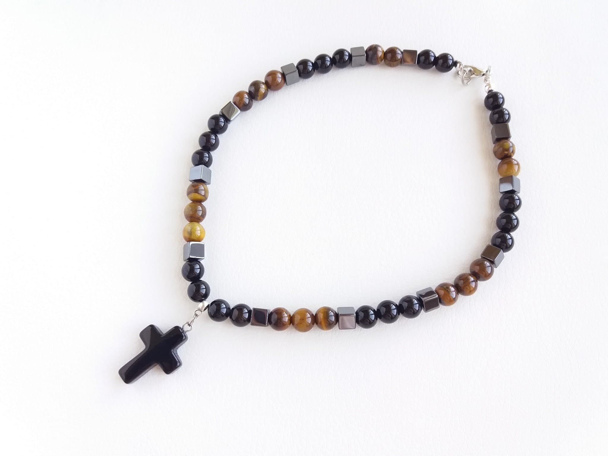 Tiger eye necklace men Black onyx necklace pendant Cross choker necklace Hematite necklace for women Cube bead necklace - image 3