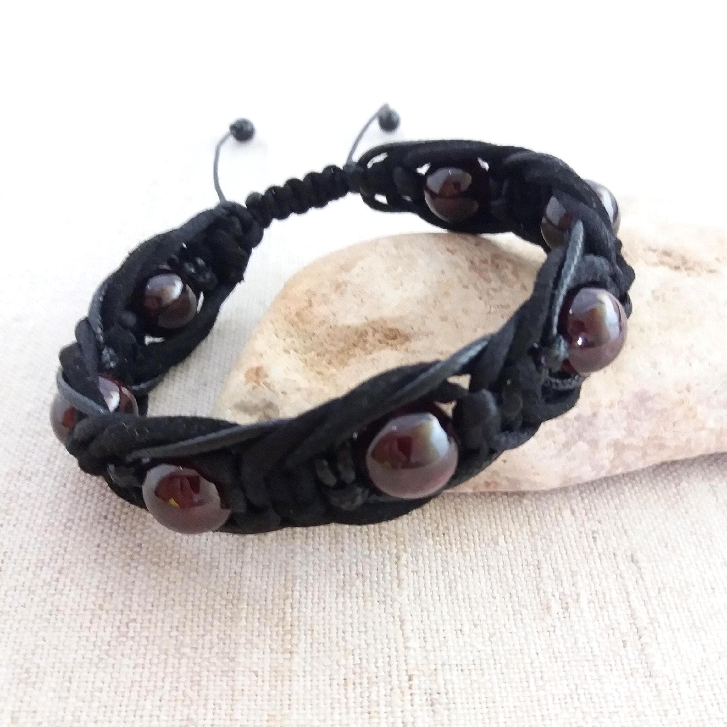 Garnet bracelet mens Leather bracelet beads Braided bracelet with stone - image 3