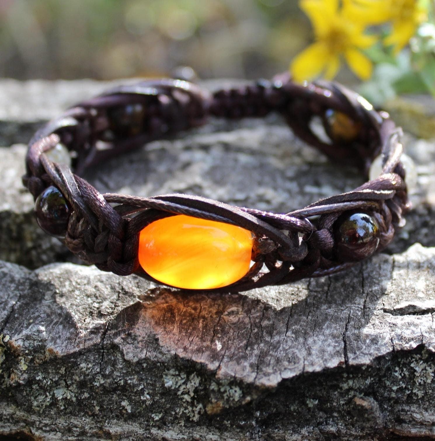 Mens Carnelian bracelet Braid leather bracelet Garnet Quartz Tigers Eye 10mm Protection stone bracelet