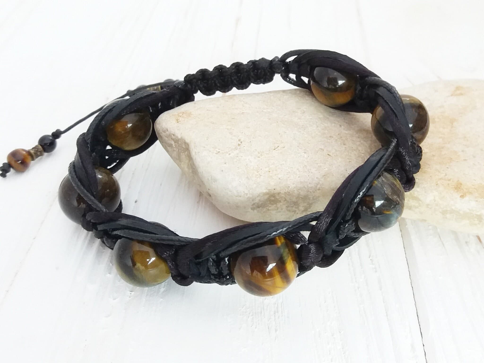 Tigers eye bracelet adjustable Leather bracelet with beads Braided bracelet with stone - image 4