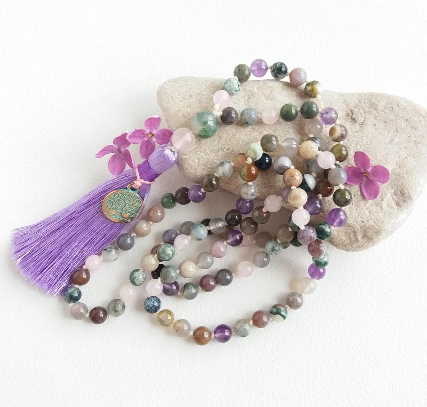 Amethyst mala 108 knotted Rose quartz mala 6mm beads Moss agate mala Buddhist prayer beads