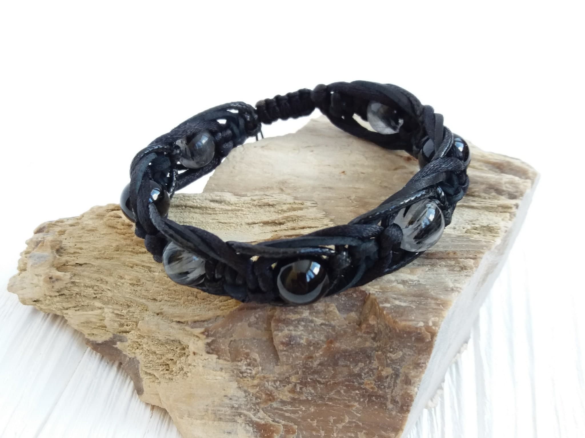 Black Tourmaline bracelet for protection Tourmaline quartz bracelet Leather bracelet with beads Braided bracelet men - image 4