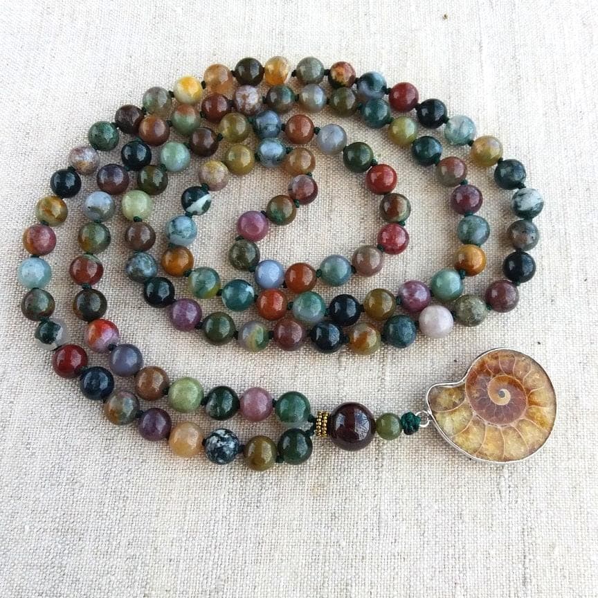 Moss Agate mala Hand knotted mala bead Mala with pendant Ammonite necklace