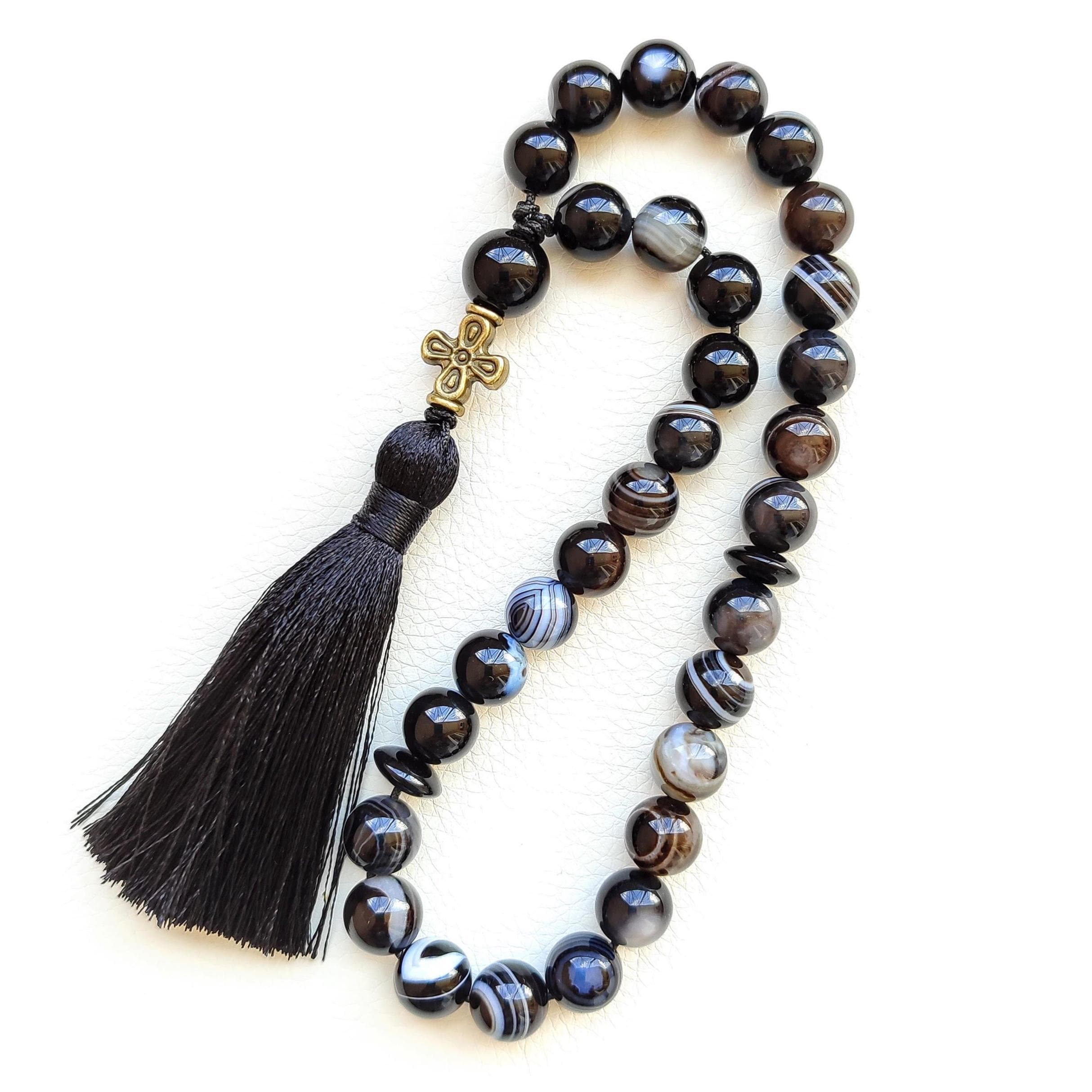 Orthodox rosary beads Christian rosary with cross 30 bead prayer Black agate prayer beads