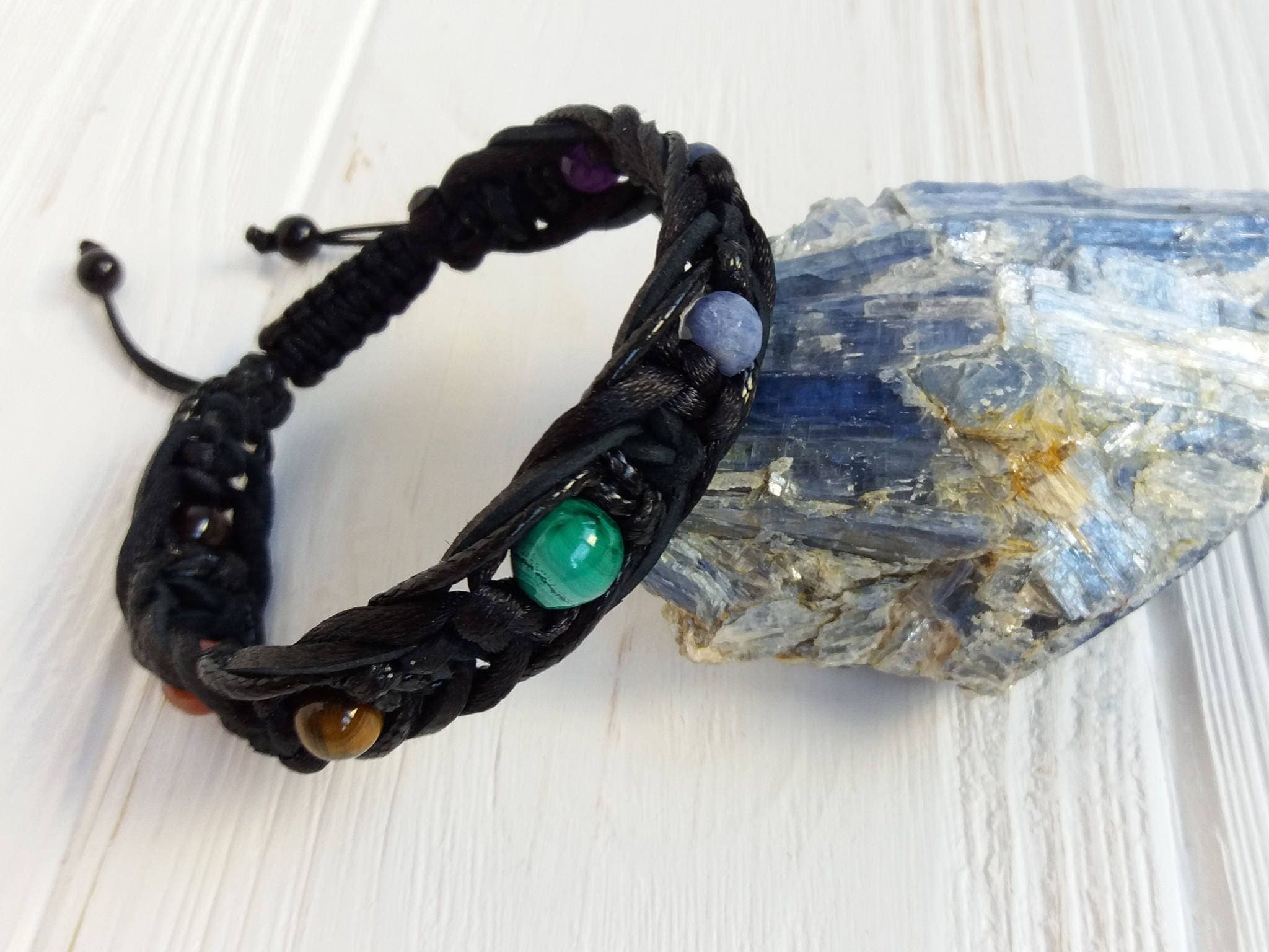 7 chakra bracelet men Black leather cord Buddhist jewelry Yoga gift Healing bracelet 8mm beads - image 4