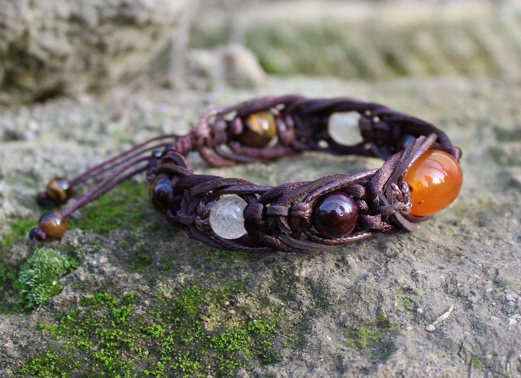 Mens Carnelian bracelet Braid leather bracelet Garnet Quartz Tigers Eye 10mm Protection stone bracelet - image 5