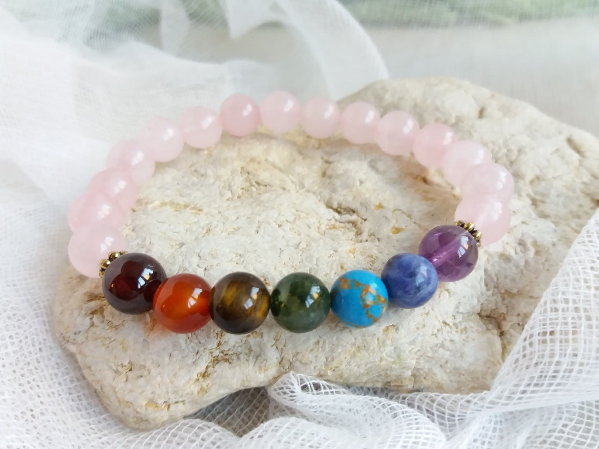 Chakra bracelet real stone Madagascar rose quarts bracelet Healing crystals bracelet Love stone bracelet - image 5