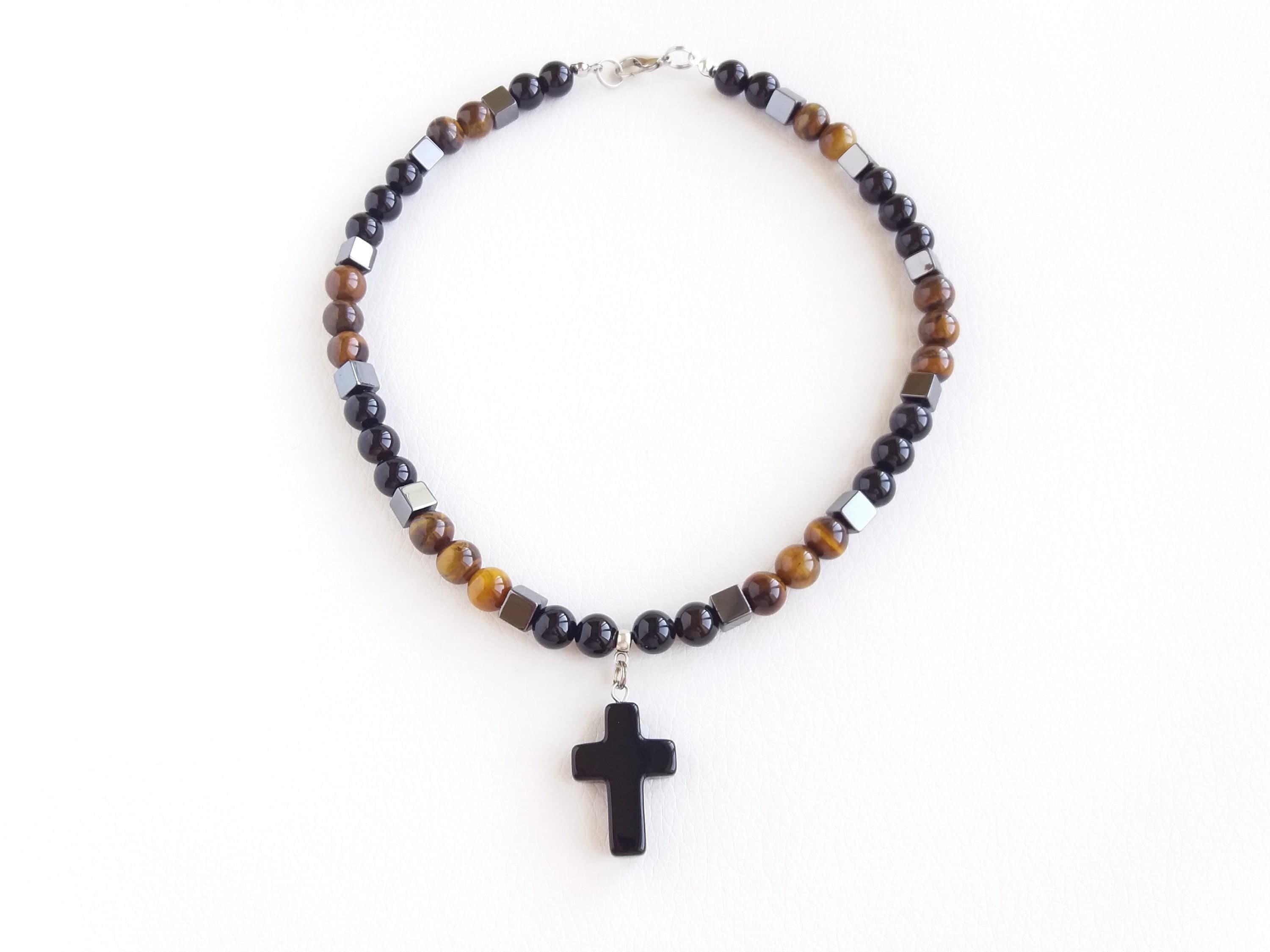 Tiger eye necklace men Black onyx necklace pendant Cross choker necklace Hematite necklace for women Cube bead necklace - image 5
