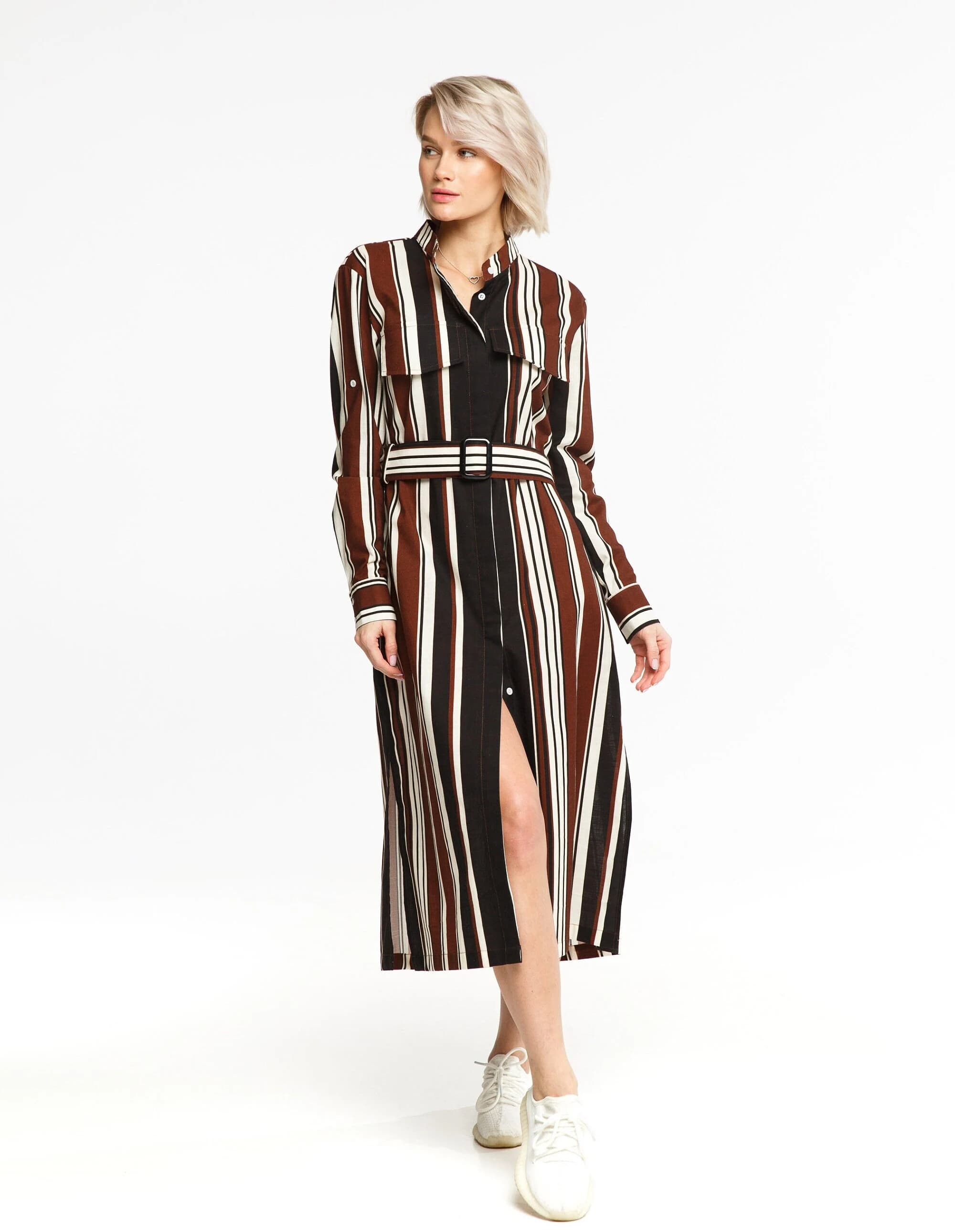 Striped linen shirt dress Brown modern robe midi by BoutiqueUA