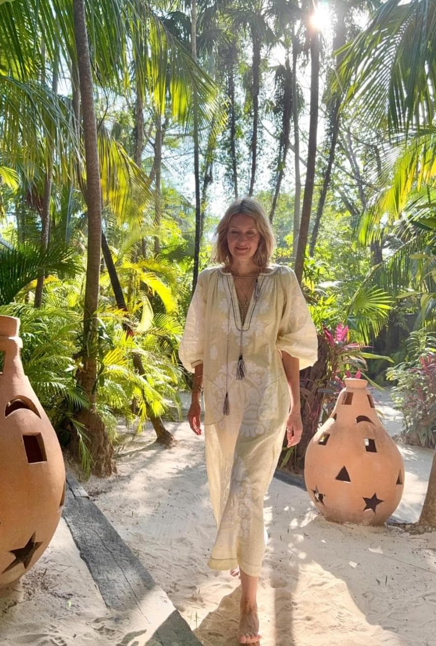 Iconic Ukrainian dress with embroidered linen applique Bohemian kaftan by BoutiqueUA