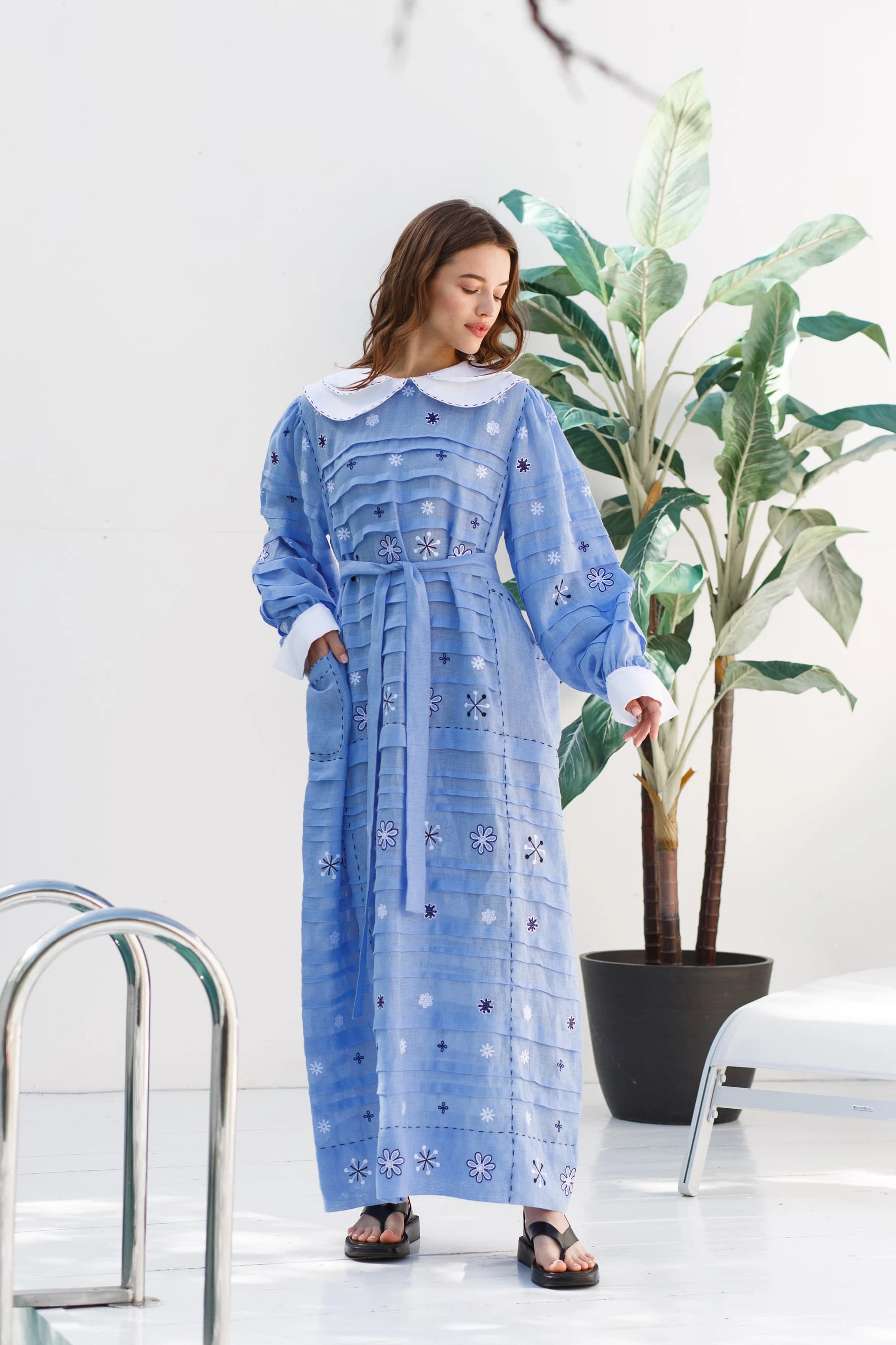 Constellation embroidered linen dress oversized Collared bohemian wedding dress Vyshyvanka by BoutiqueUA