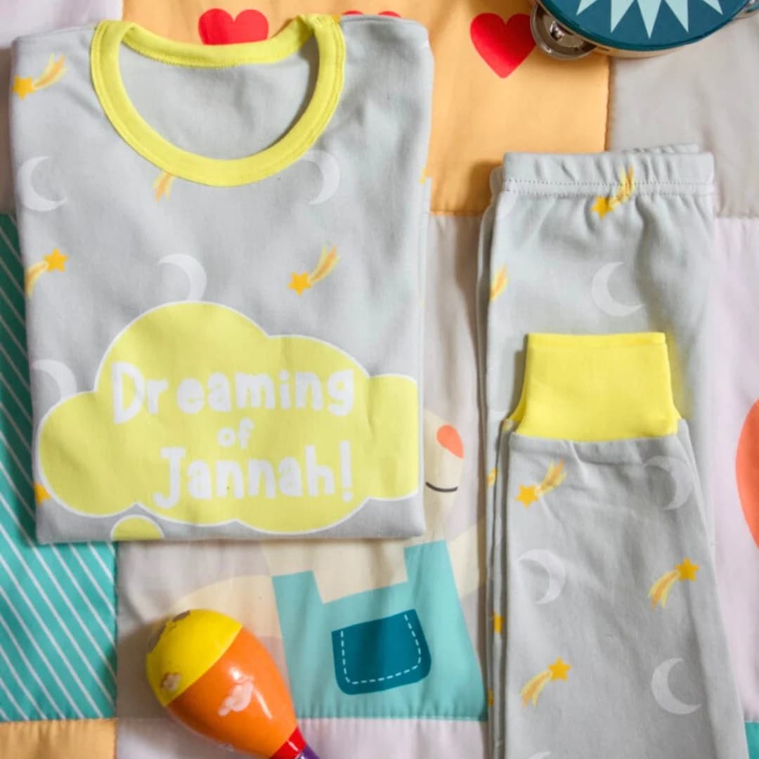 Dreaming of Jannah Kids Pyjamas Grey & Yellow Kids PJ Gift for Muslim Kids Eid Gift Idea for New Muslim Baby Aqeeqah Gift Moon Stars Pyjamas