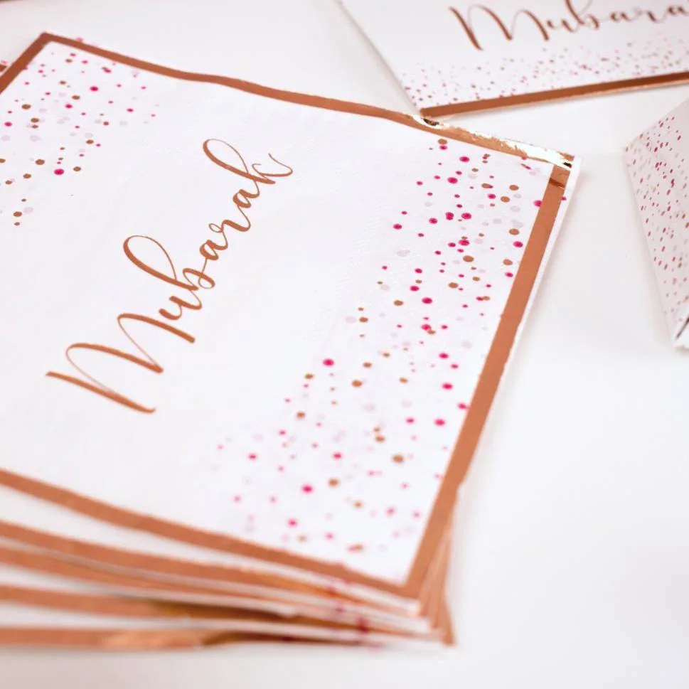 Mubarak Confetti Party Napkins 20pk - White & Rose Gold Mubarak Decor Congratulation Bridal Shower Party Decor Engagement Desi Wedding Nikah
