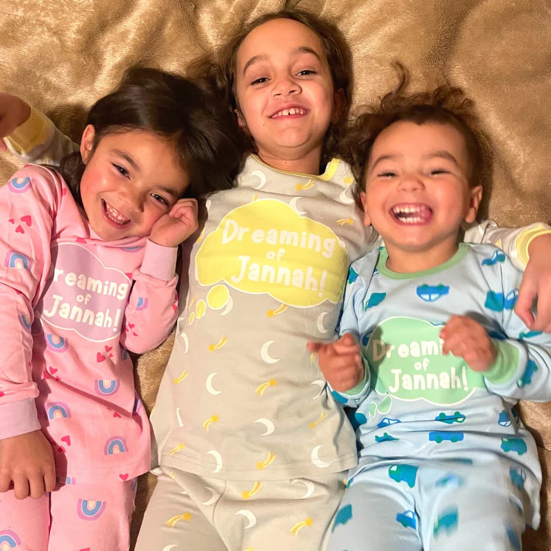 Dreaming of Jannah Kids Pyjamas Grey & Yellow Kids PJ Gift for Muslim Kids Eid Gift Idea for New Muslim Baby Aqeeqah Gift Moon Stars Pyjamas