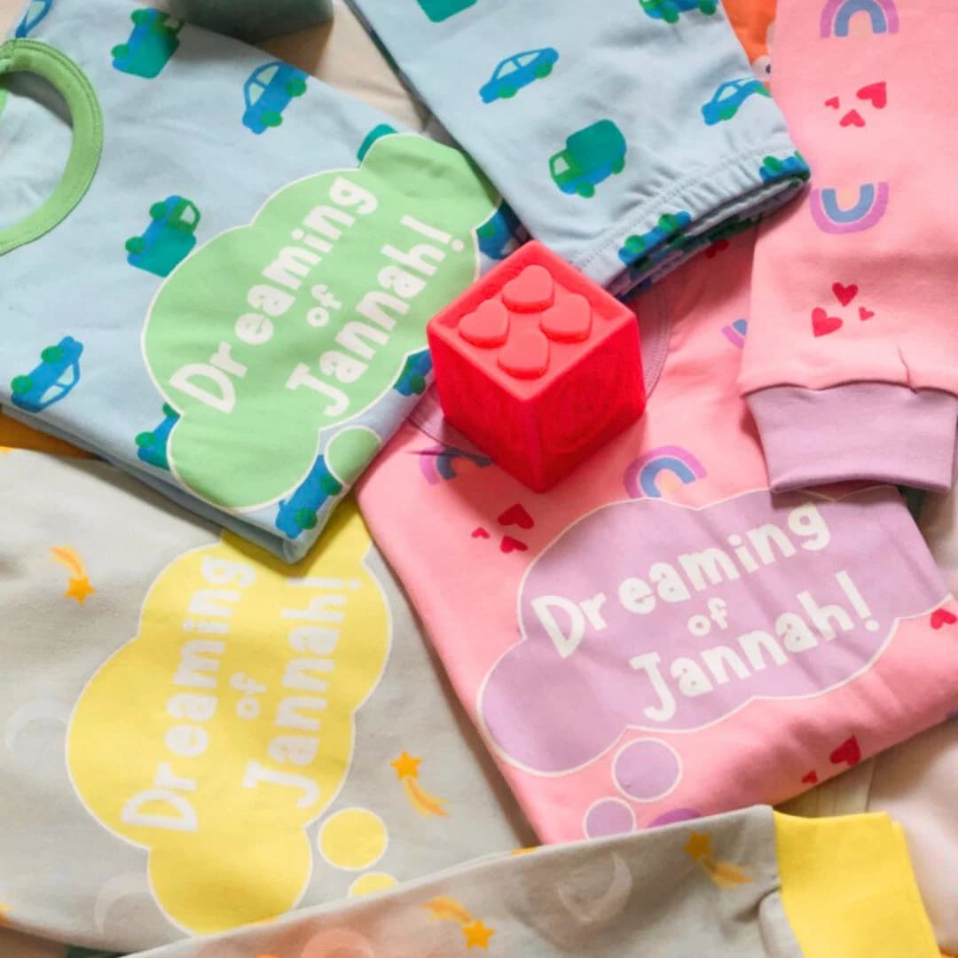 Dreaming of Jannah Kids Pyjamas Grey & Yellow Kids PJ Gift for Muslim Kids Eid Gift Idea for New Muslim Baby Aqeeqah Gift Moon Stars Pyjamas
