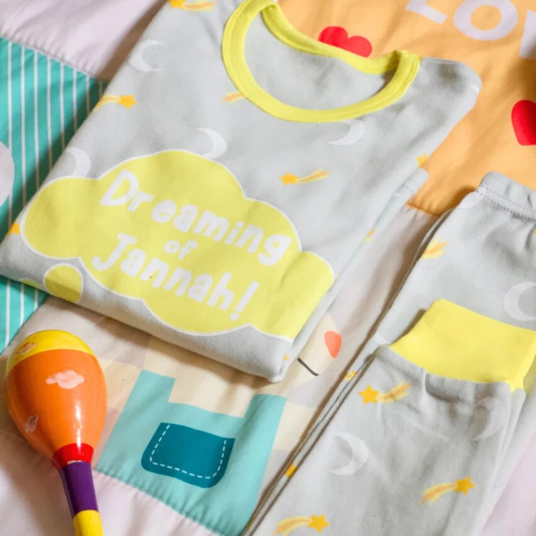 Dreaming of Jannah Kids Pyjamas Grey & Yellow - Kids PJ Gift for Muslim Kids Eid Gift Idea New Muslim Baby Aqeeqah Gift Moon Stars Pyjamas